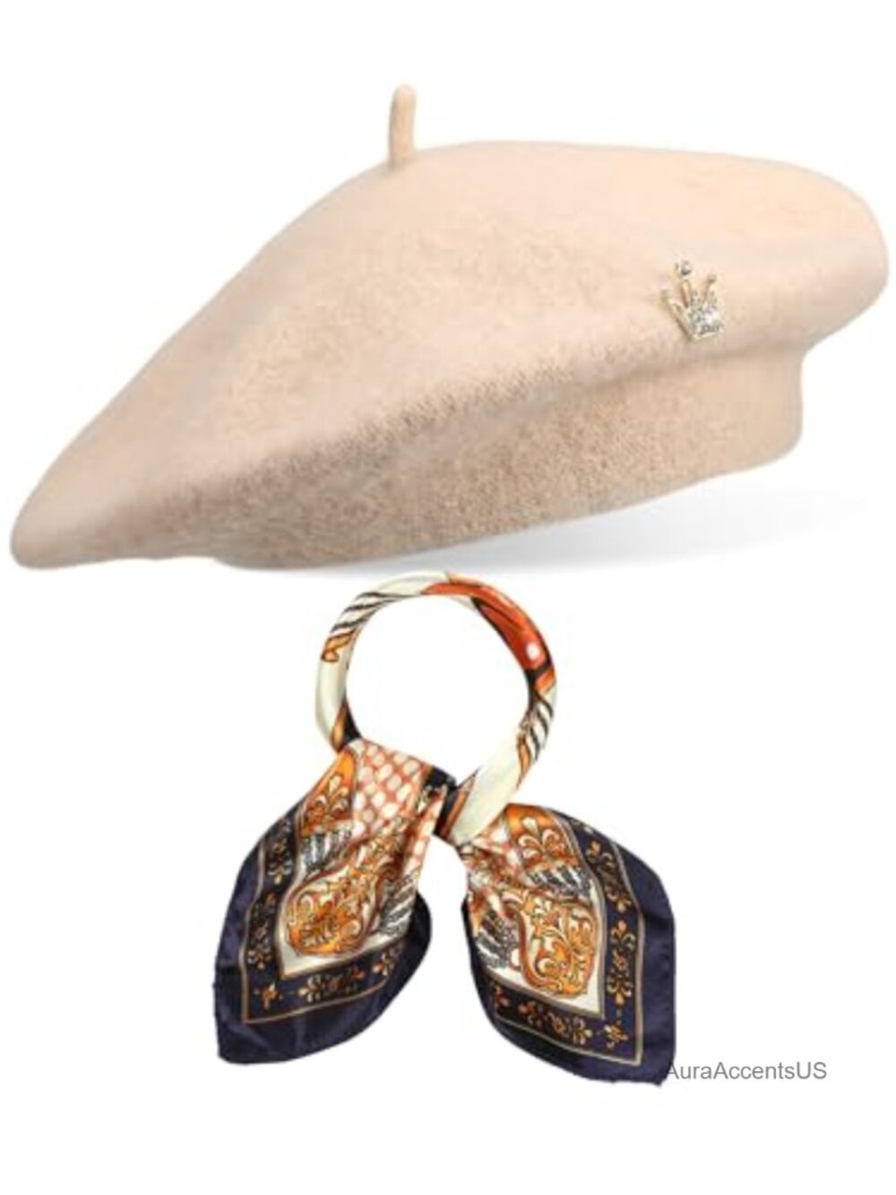 French Beret Hat & Silk Scarf Set with Brooch Womens Wool Winter Accessory 3pc
